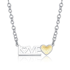 Two-Tone LOVE Heart Bar Pendant Layering Necklace, White Gold Plated & 14K Gold Plated