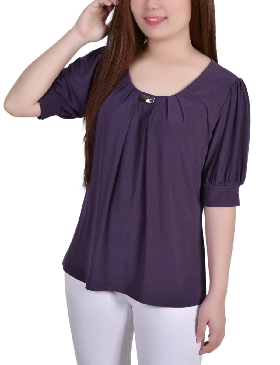  NY Collection Short Sleeve Balloon Sleeve Top With Hardware - Samoan Sun - Bonton