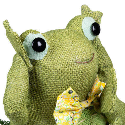 Sitting and Smiling Frog With Bowtie Spring Decoration - 7.5" - Green and Yellow