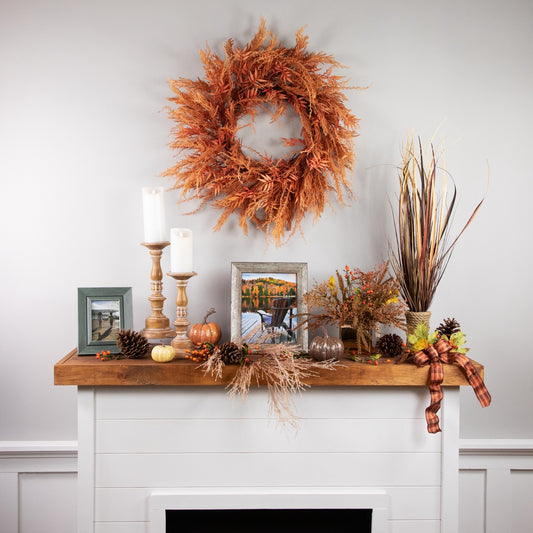 Peachy Pampas Grass Artificial Fall Harvest Wreath  24-Inch - Unlit