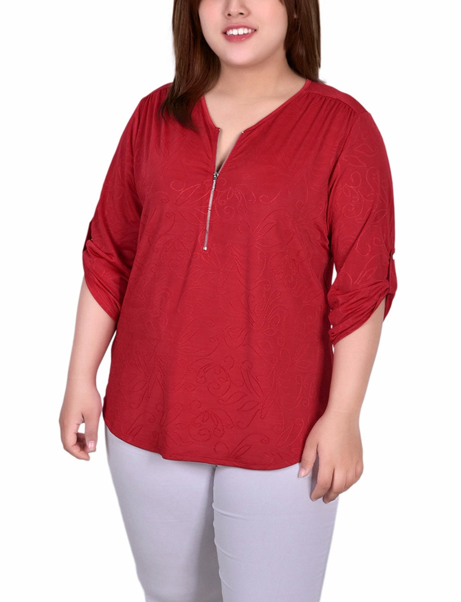  NY Collection Plus Size 3/4 Roll Tab Zip Front Jacquard Knit Top - Red Sakadotduo - Bonton