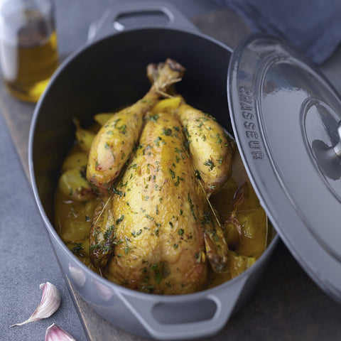 French Enameled Cast Iron Oval Dutch Oven, 6-Quart, Caviar Grey