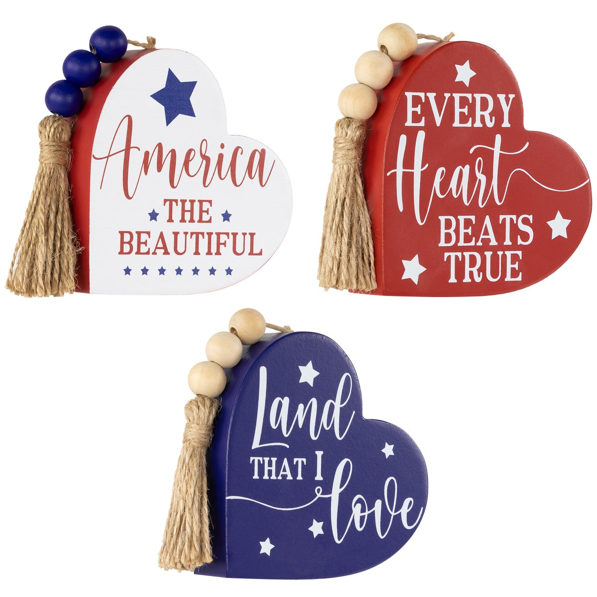  Northlight Patriotic Hearts With Beaded Tassels Wooden Signs - 3.75