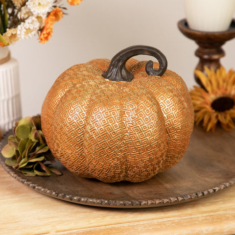 7.5" Gold and Orange Textured Greek Key Pumpkin Fall Decoration