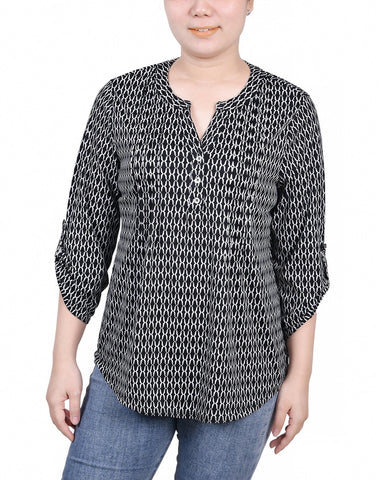 Petite 3/4 Roll Tab Sleeve Y Neck Top