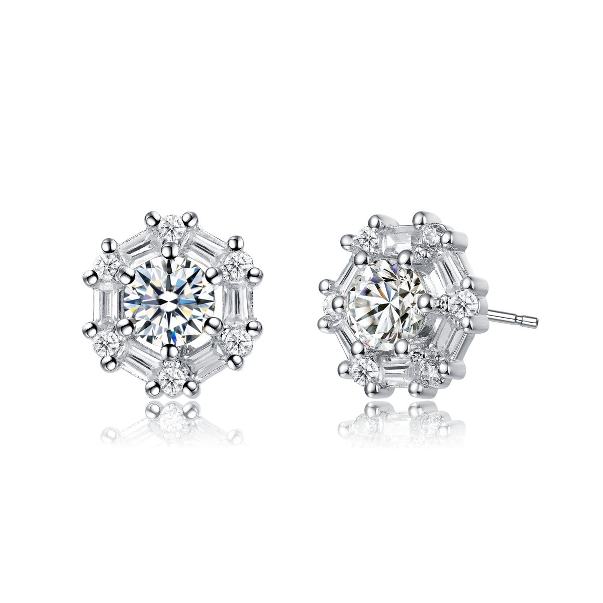  Genevive Ga Rhodium Plated With Round Baguette Cubic Zirconia Stud Earrings - White - Bonton