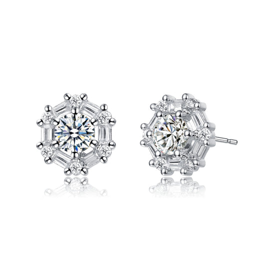 Ga Rhodium Plated With Round Baguette Cubic Zirconia Stud Earrings