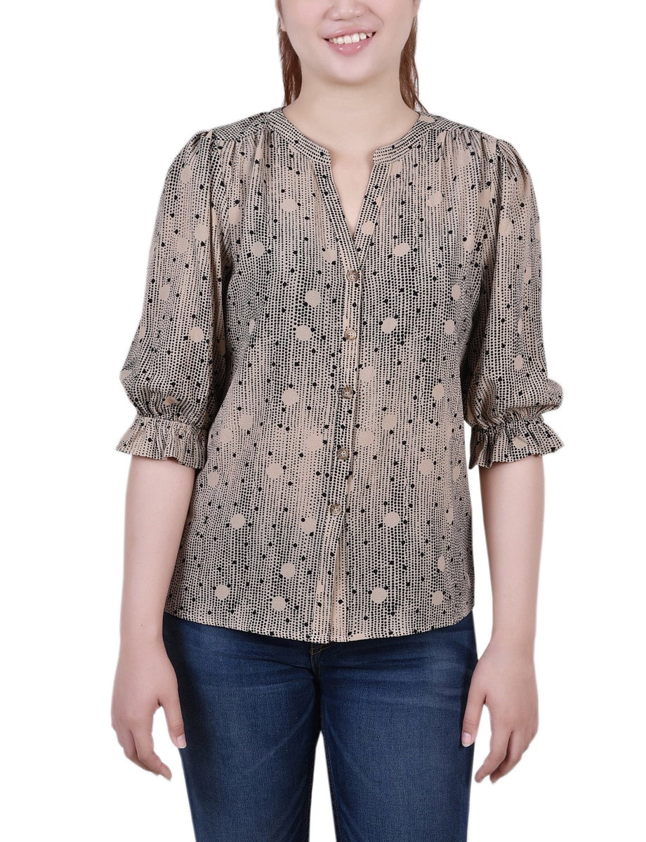  NY Collection Petite Elbow Sleeve Y Neck Blouse - Ivory Brushed - Bonton