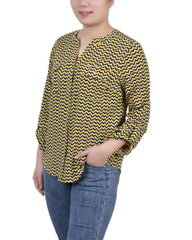 Petite 3/4 Sleeve Roll Tab Y Neck Blouse