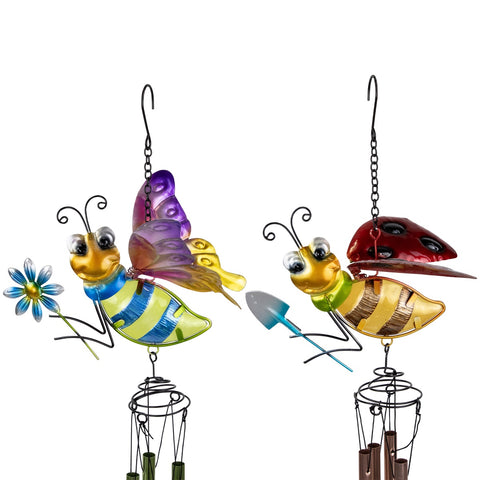 Pink and Green Bees Outdoor Garden Windchimes - 30" - Set of 2