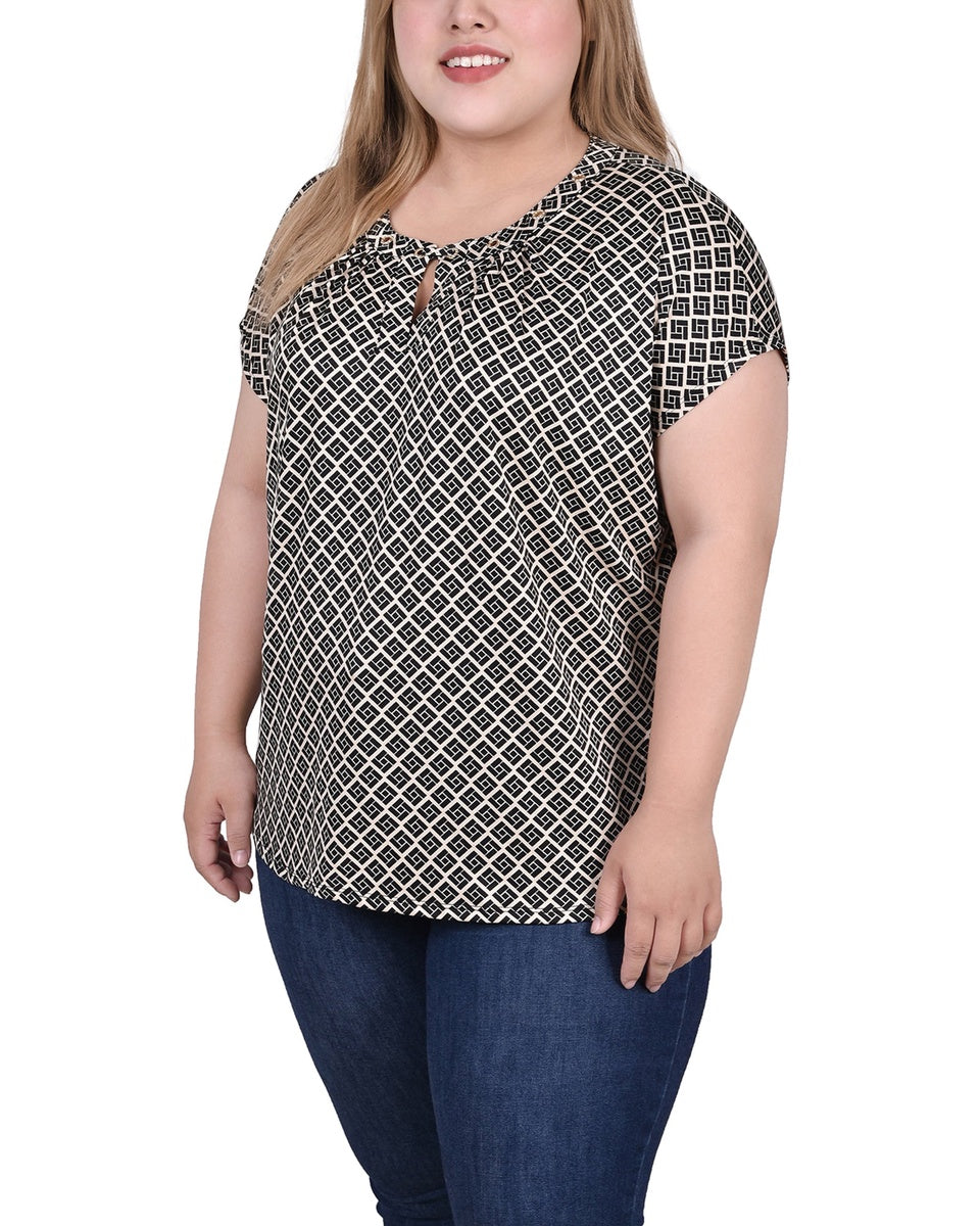  NY Collection Plus Size Extended Sleeve Top With Grommets - Black Blue Taupe Abstract - Bonton