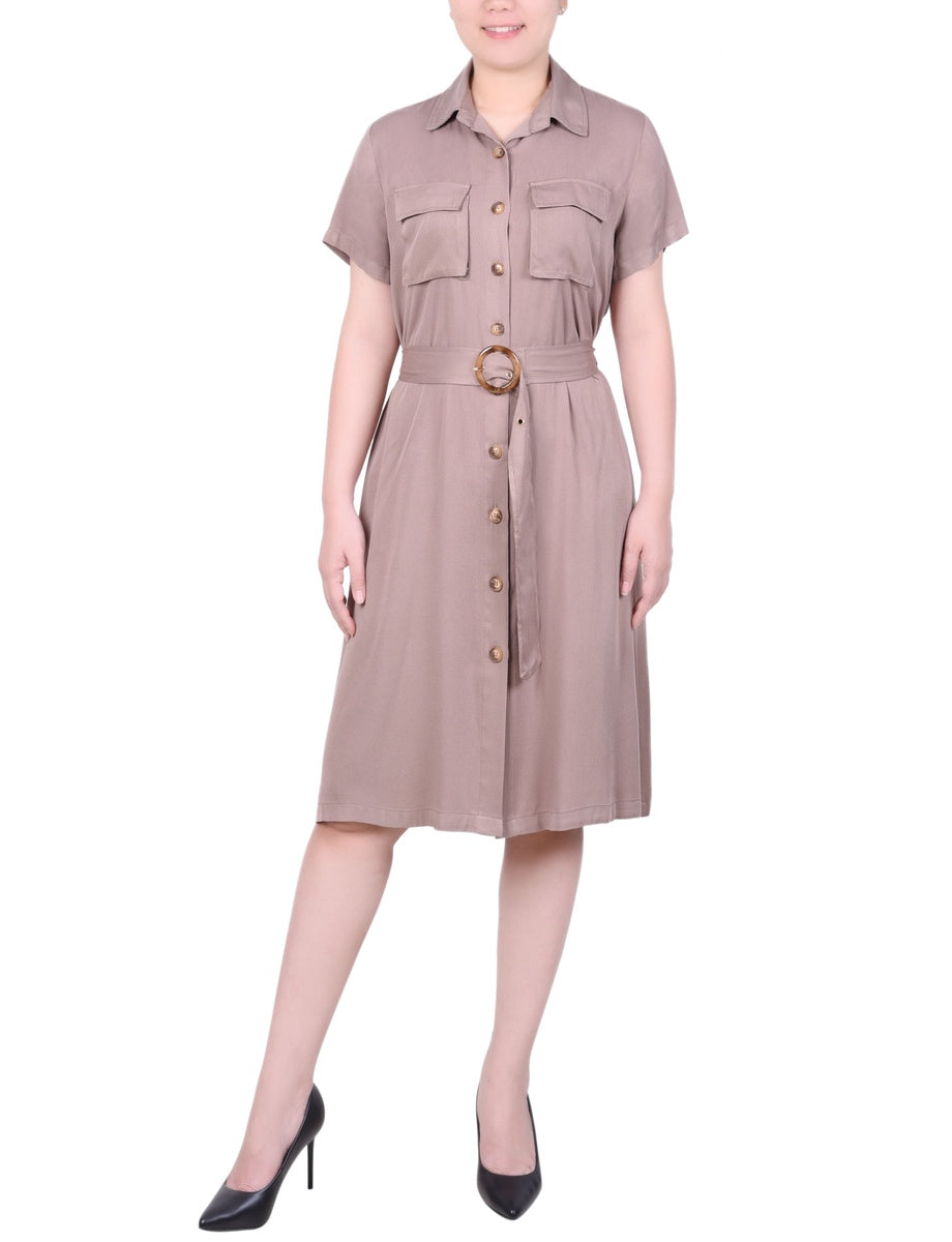 NY Collection Petite Short Sleeve Safari Style Dress - Olive Green - Bonton