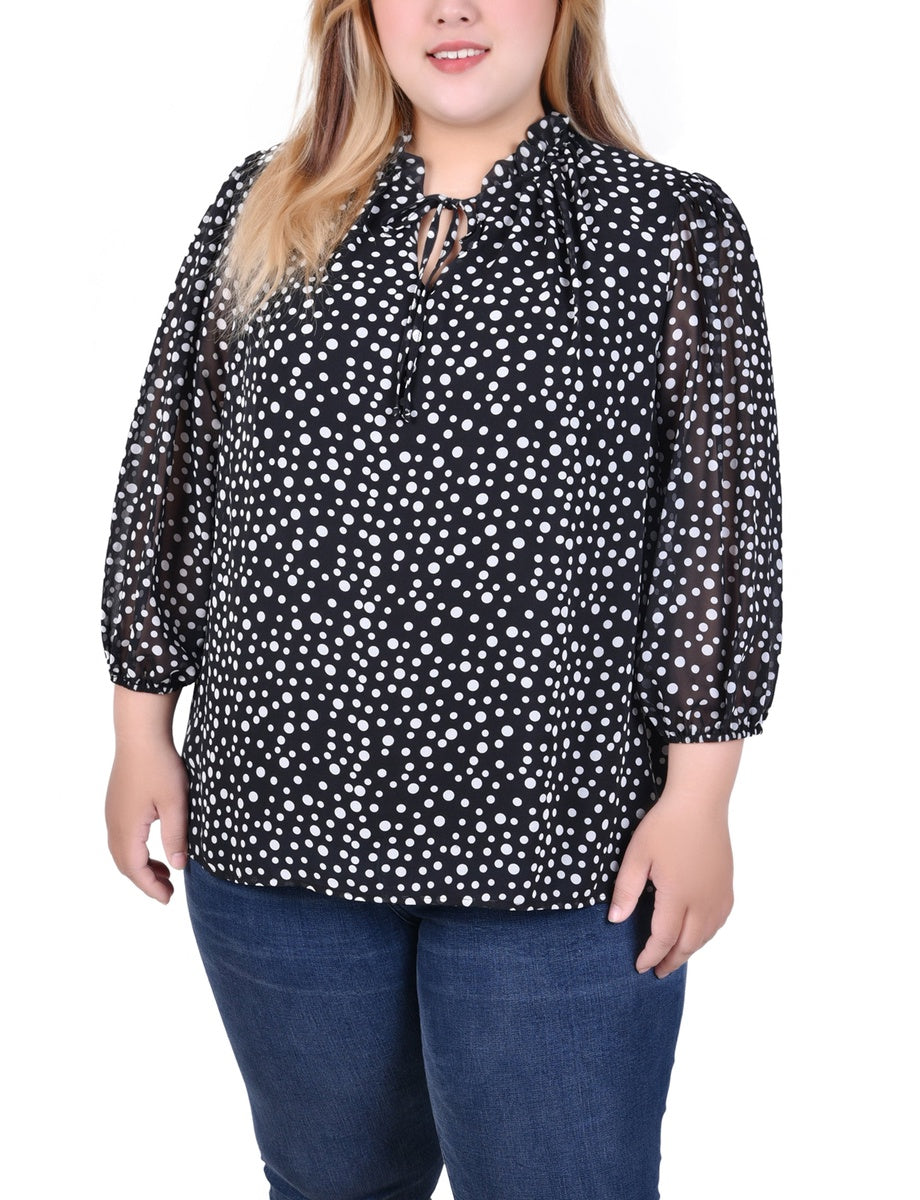  NY Collection Plus Size 3/4 Sleeve Chiffon Blouse - Black Lace Floral - Bonton