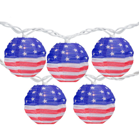 American Flag Paper Lantern Patriotic Patio Lights - 8.5' - White Wire - 10ct