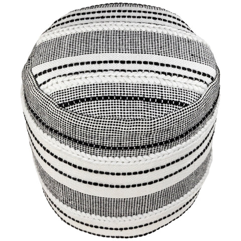 18" White and Black Striped Outdoor Woven Pouf Ottoman