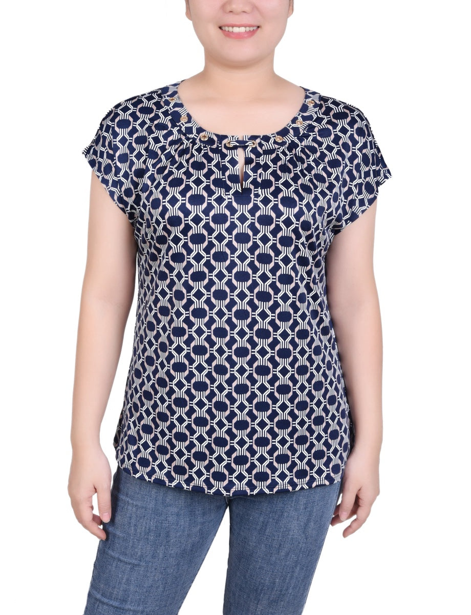  NY Collection Plus Size Extended Sleeve Top With Grommets - Black Blue Taupe Abstract - Bonton