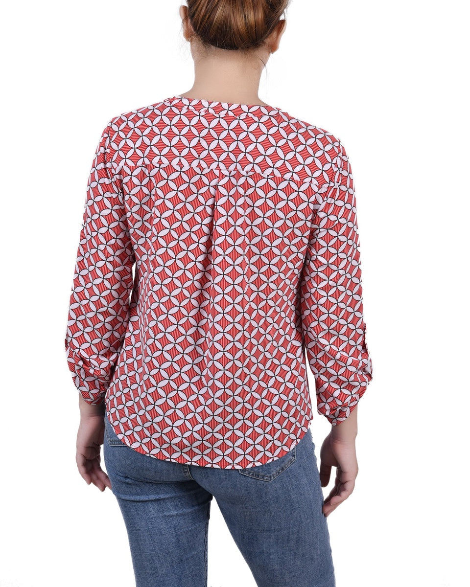  NY Collection Petite 3/4 Sleeve Roll Tab Y Neck Blouse - Black White Abstract - Bonton