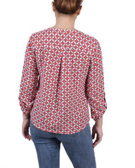 Petite 3/4 Sleeve Roll Tab Y Neck Blouse
