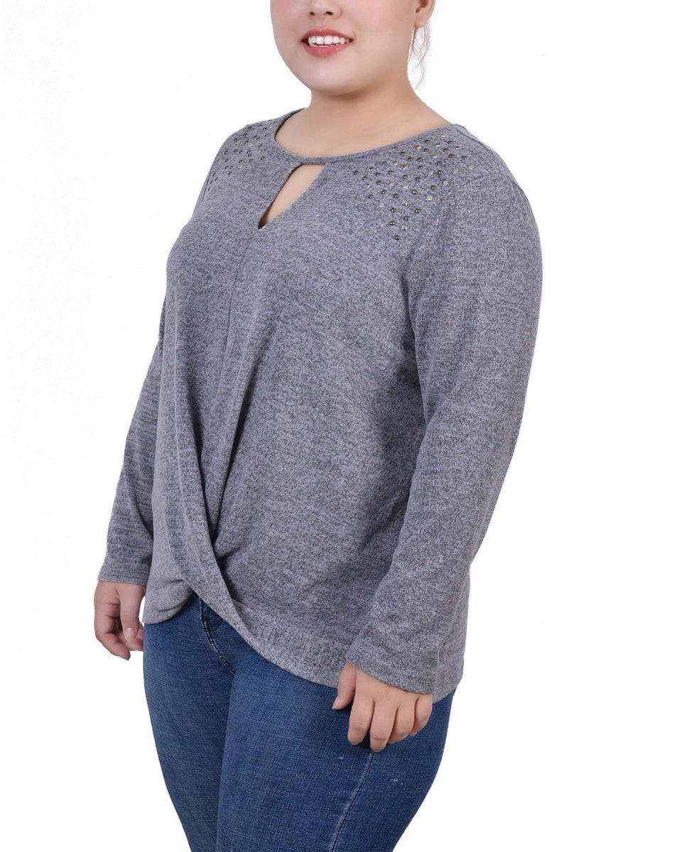  NY Collection Plus Size Long Sleeve Knit Keyhole Top With Studs - Navy - Bonton