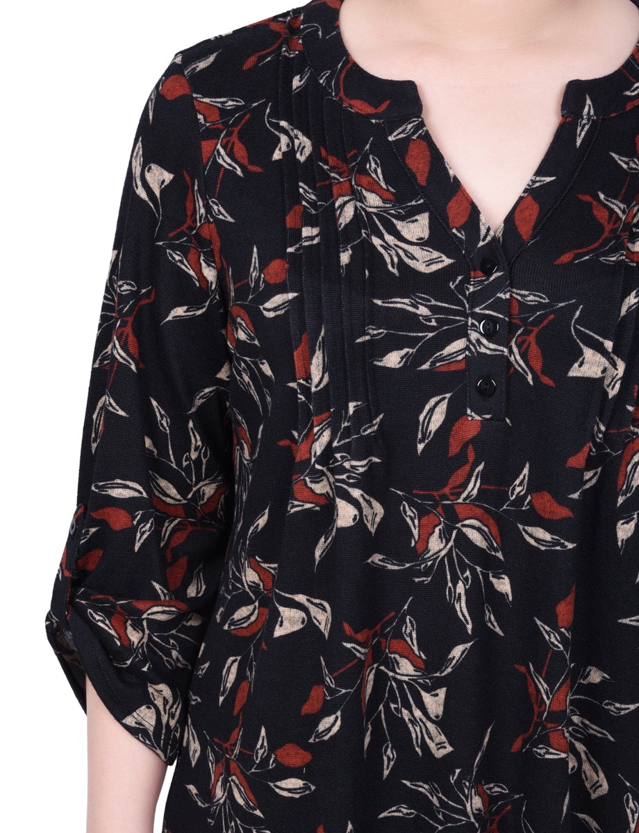  NY Collection Petite 3/4 Roll Sleeve Top - Red Black Abstract - Bonton