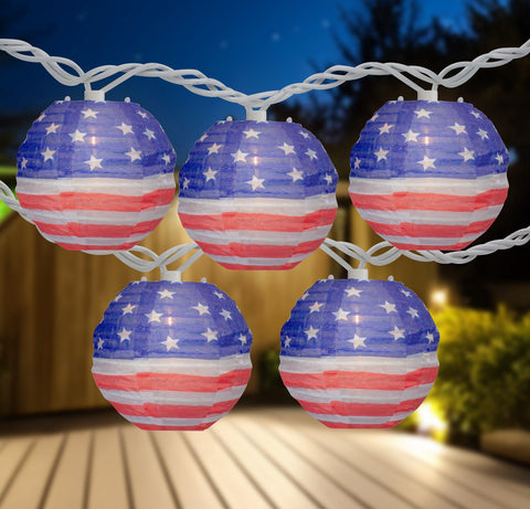 American Flag Paper Lantern Patriotic Patio Lights - 8.5' - White Wire - 10ct