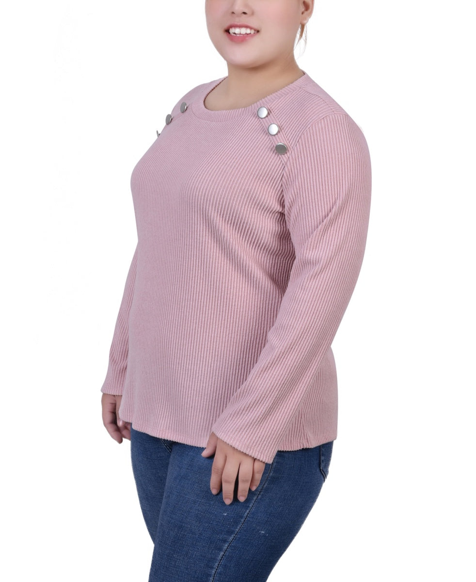  NY Collection Plus Size Long Sleeve Ribbed Button Detail Top - Ivory - Bonton