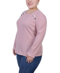 Plus Size Long Sleeve Ribbed Button Detail Top