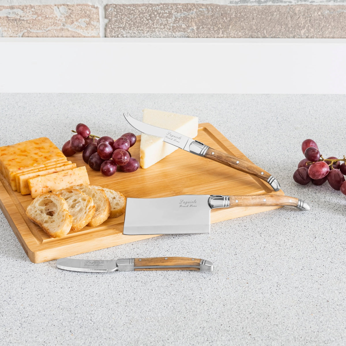  French Home 3 Piece Connoisseur Laguiole Olive Wood Cheese Knives and Bamboo Cheese Board - Default Title - Bonton