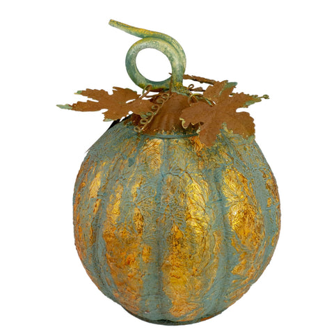 Autumn Harvest Pumpkin Metal Decoration - 13" - Orange and Green