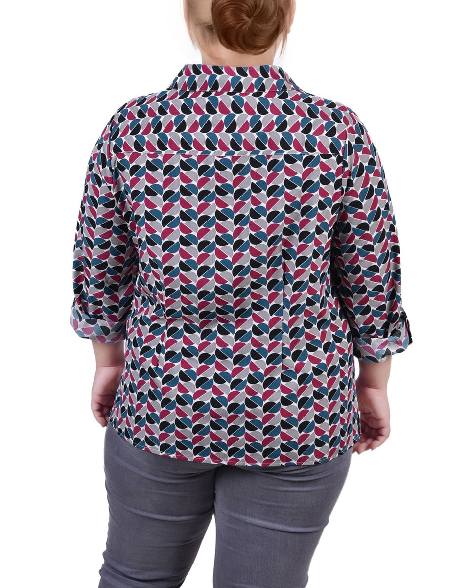  NY Collection Plus Size 3/4 Sleeve Roll Tab Notch Collar Blouse - Black And Doeskin Floral Iconi - Bonton