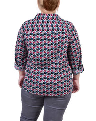 Plus Size 3/4 Sleeve Roll Tab Notch Collar Blouse