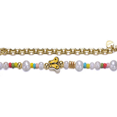 Kids 14k Gold Plated Multi Color Beads With Freshwater Pearls and a Butterfly Charm Necklace