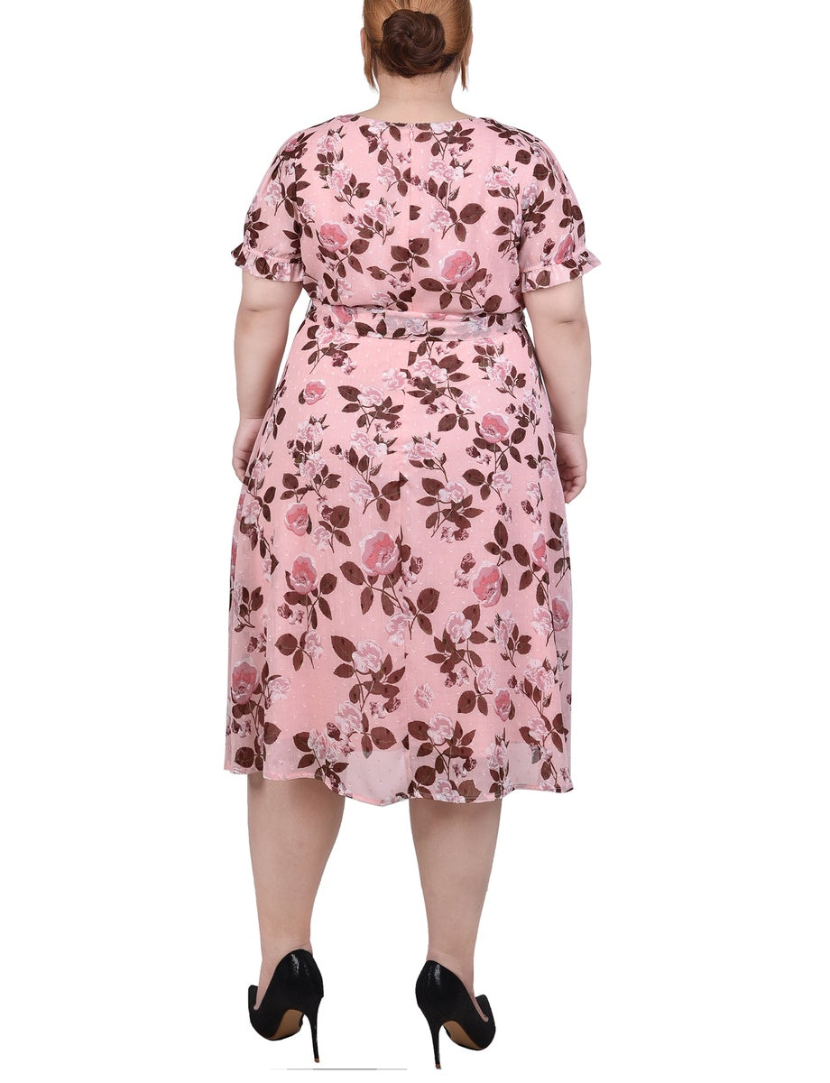  NY Collection Plus Size Short Sleeve Belted Swiss Dot Dress - Mellow Rose Rectangle - Bonton