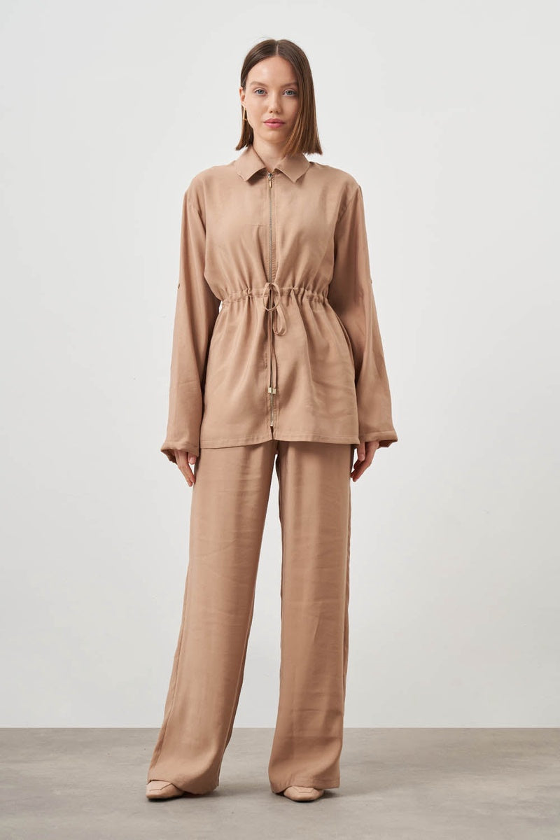  Mizalle Mizalle-Cinched Waist Shirt Jacket-Beige - Beige - Bonton