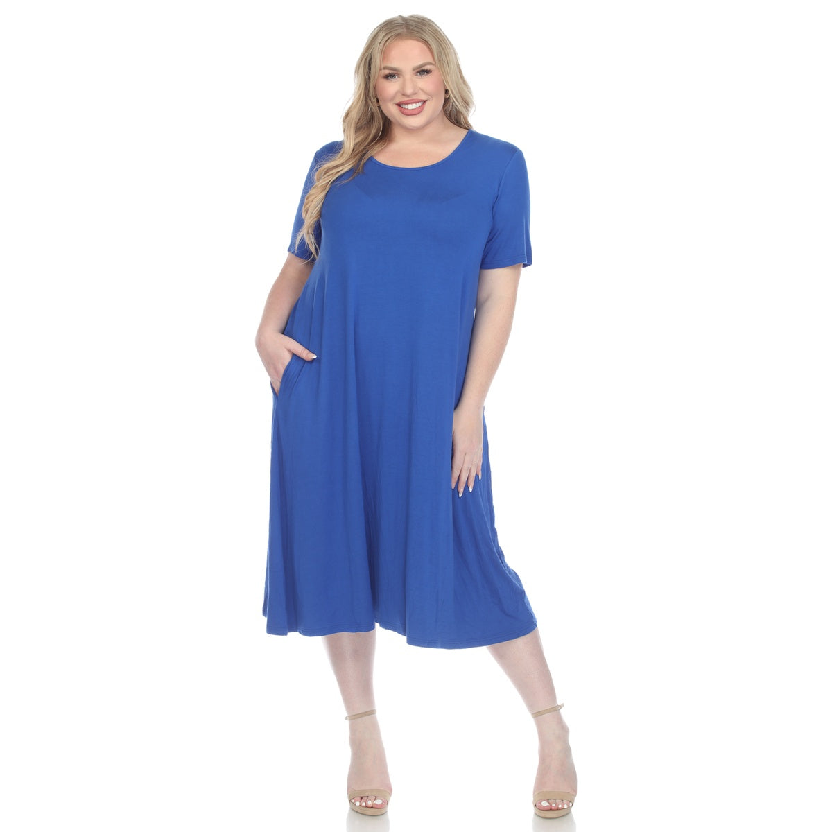  White Mark Plus Size Short Sleeve Pocket Swing Midi Dress - 3X - Bonton