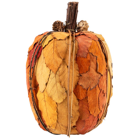 Fall Harvest Pumpkin With Layered Leaves and Pinecones - 9.75" - Orange and Brown