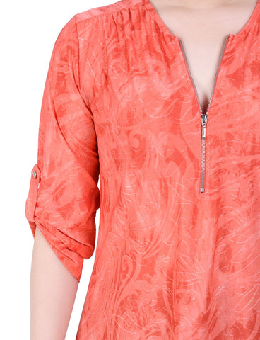 3/4 Roll Tab Zip Front Jacquard Knit Top