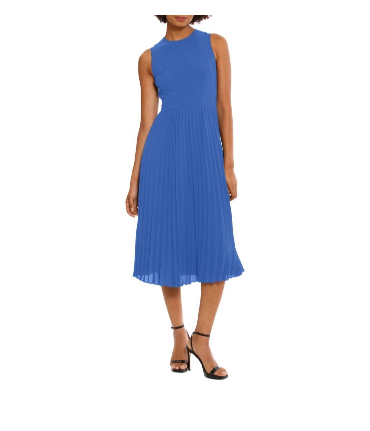  Donna Morgan Jewel Neck with Piping Sunburst Pleated Dress - Princess Blue - Bonton