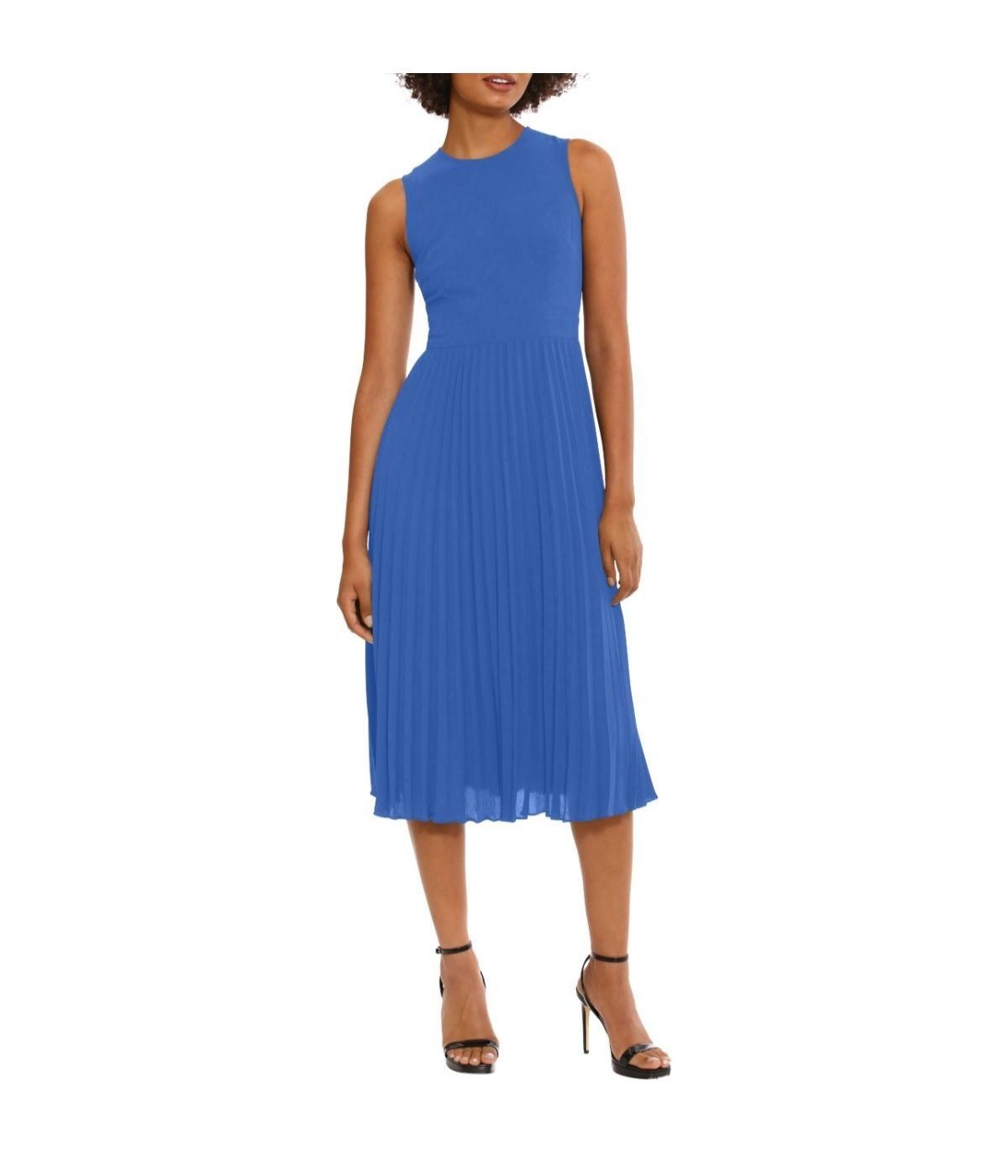  Donna Morgan Jewel Neck with Piping Sunburst Pleated Dress - Princess Blue - Bonton