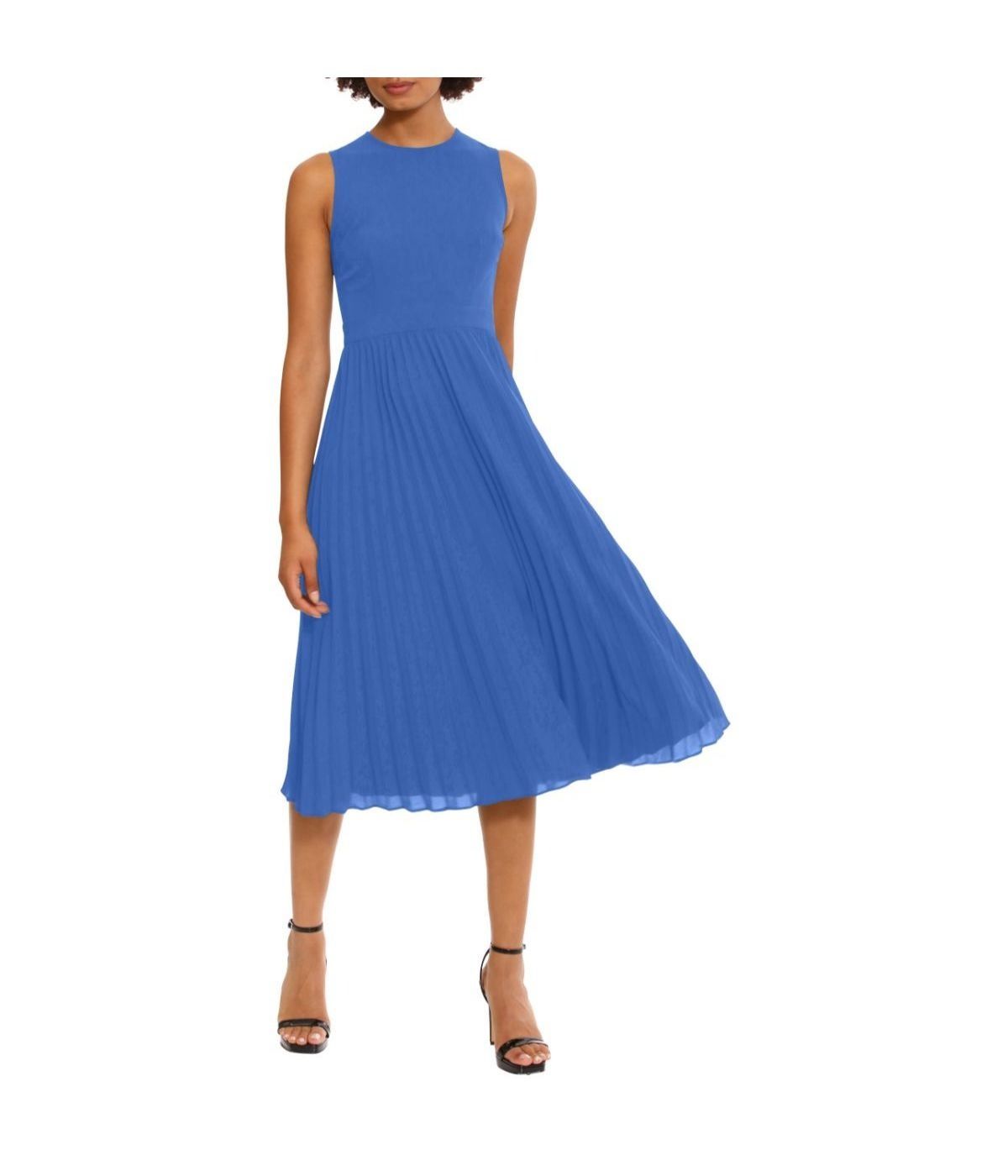  Donna Morgan Jewel Neck with Piping Sunburst Pleated Dress - Princess Blue - Bonton