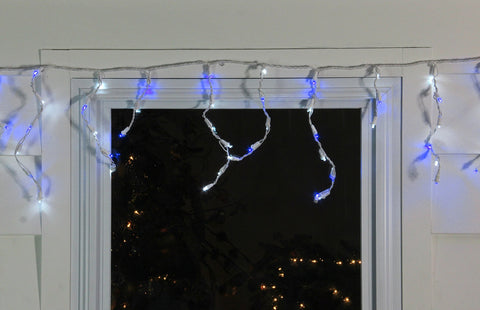 100ct Blue and Pure White LED Wide Angle Icicle Christmas Lights  5.5 Ft White Wire
