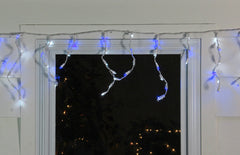 100ct Blue and Pure White LED Wide Angle Icicle Christmas Lights  5.5 Ft White Wire