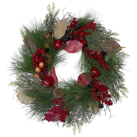 24" Autumn Harvest Pine  Berry and Pomegranate Wreath - Unlit