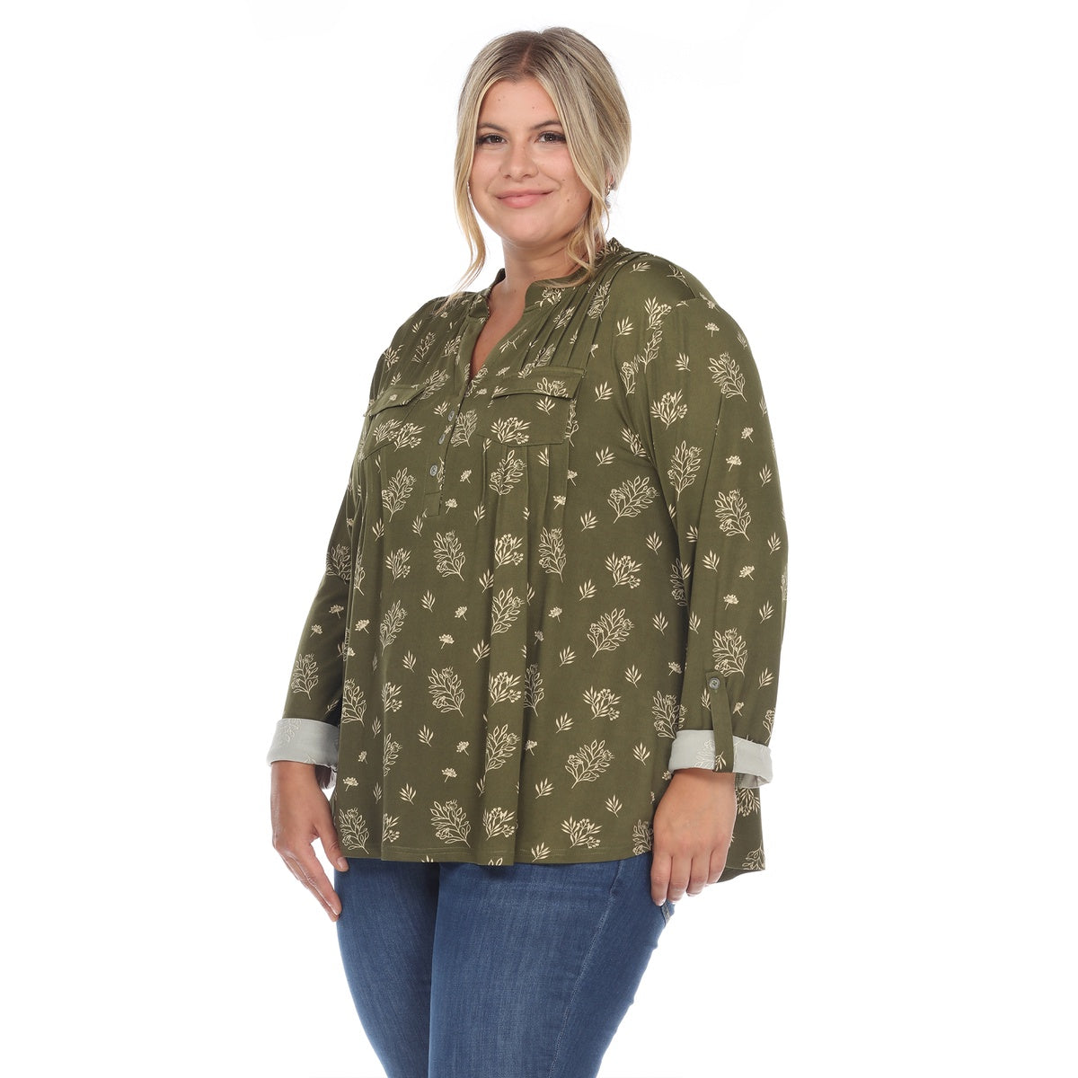  White Mark Plus Size Pleated Long Sleeve Leaf Print Blouse - 1X - Bonton