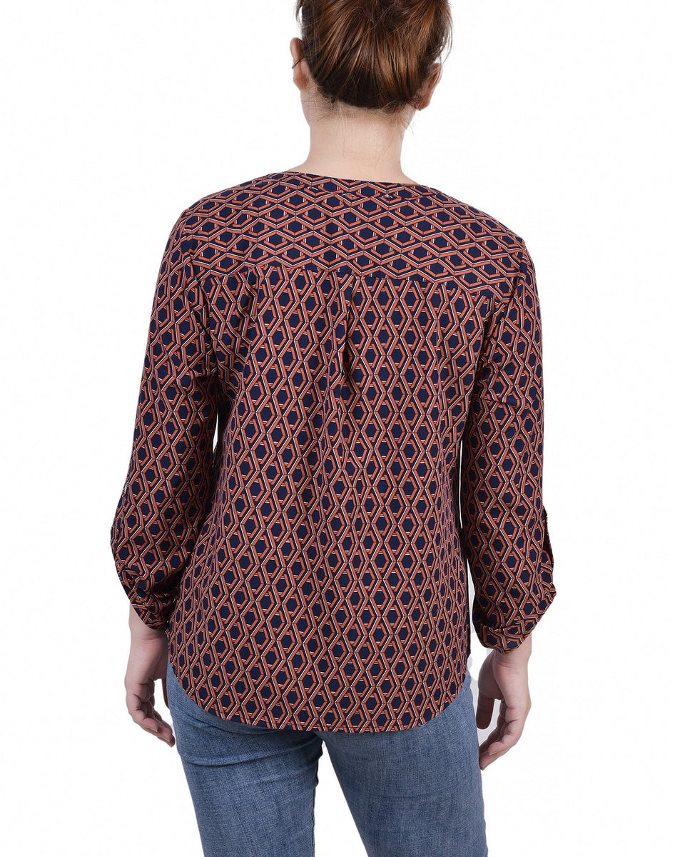  NY Collection Petite 3/4 Sleeve Roll Tab Y Neck Blouse - Black White Abstract - Bonton