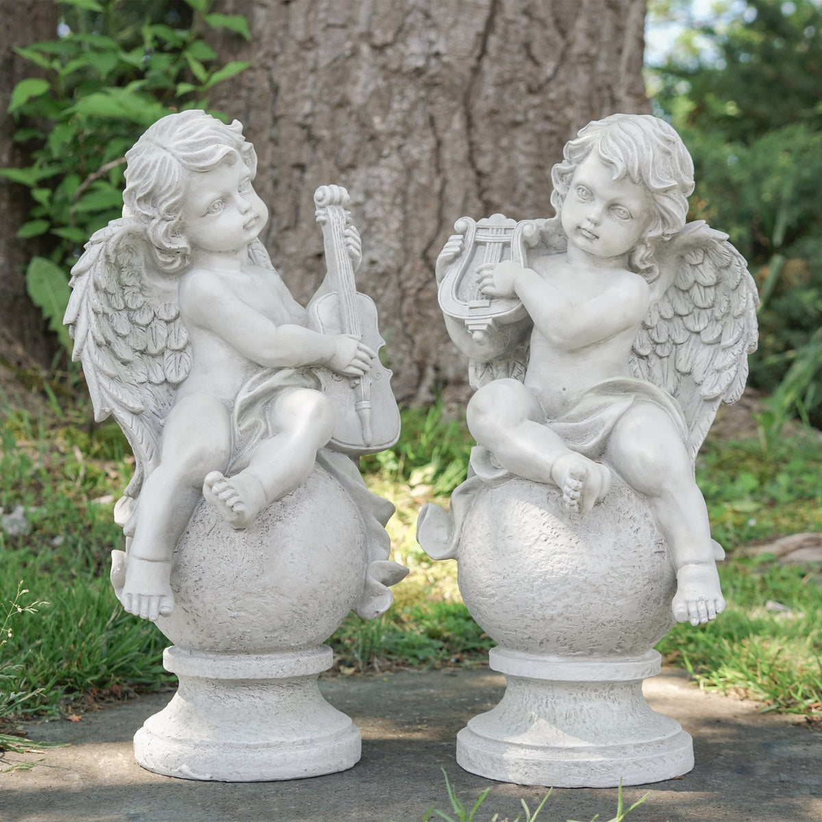  Northlight Set of 2 Cherub Angels With Violin and Harp on Finials Outdoor Garden Statues 15.25