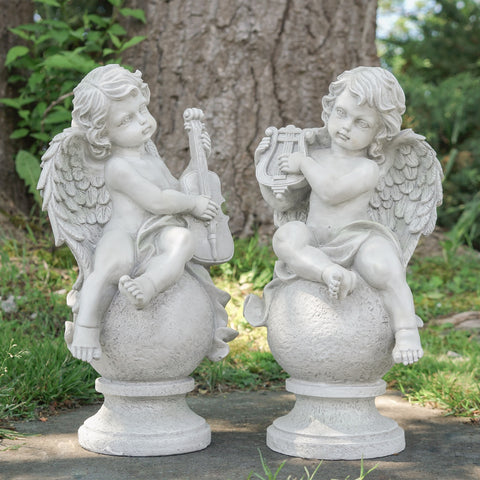 Set of 2 Cherub Angels With Violin and Harp on Finials Outdoor Garden Statues 15.25"