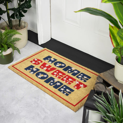 Red and Blue Americana Home Sweet Home Coir Outdoor Doormat 18" X 30"