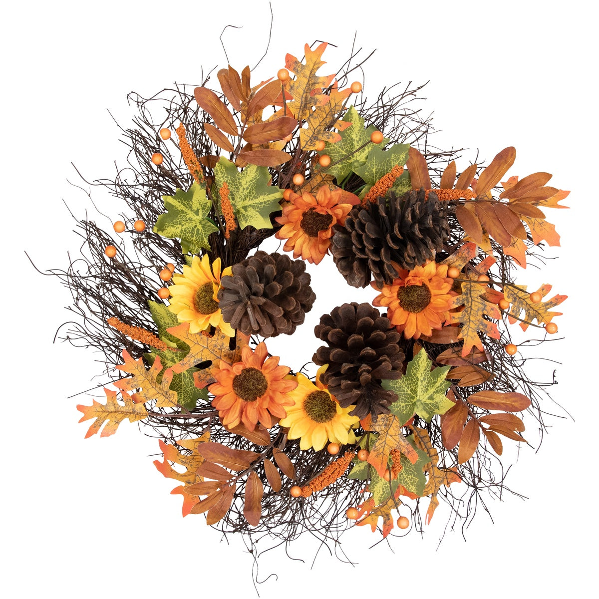  Northlight Sunflowers and Pine Cones Fall Artificial Thanksgiving Wreath  24-Inch  Unlit - Default Title - Bonton