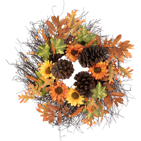 Sunflowers and Pine Cones Fall Artificial Thanksgiving Wreath  24-Inch  Unlit
